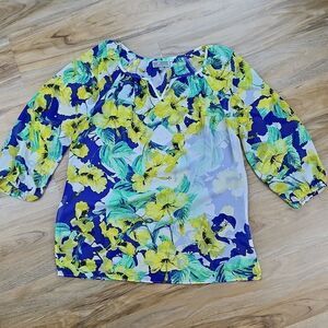 🔹️JM Collection Yellow & Blue Floral Print Blouse Medium
